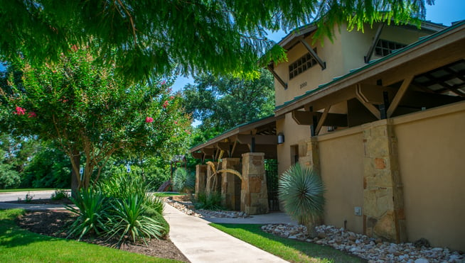 Apartment complex walkway landscaping