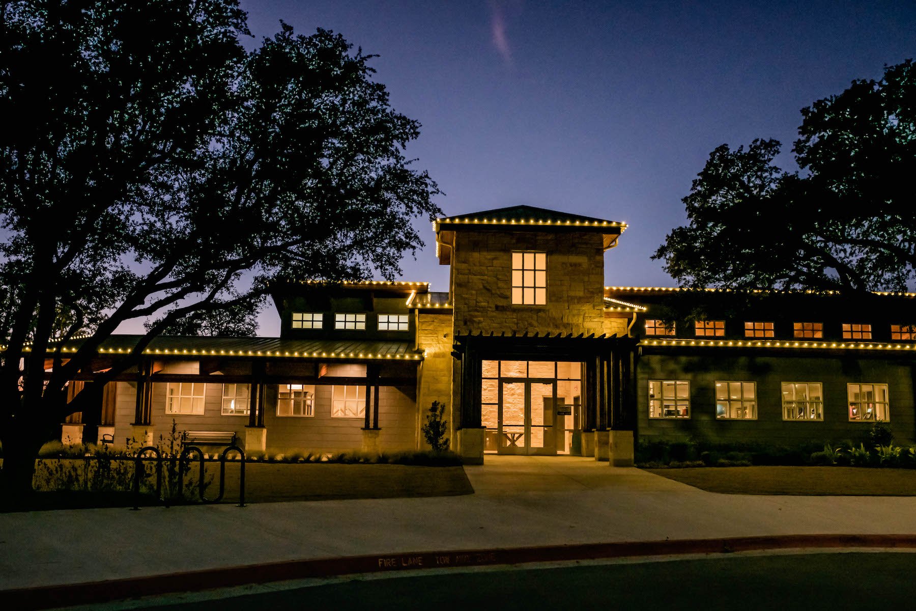 Holiday lighting on apartment clubhouse