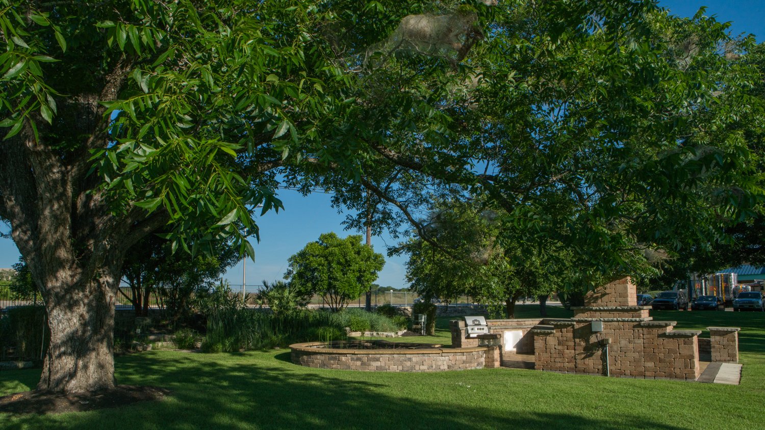 outdoor common area with fireplace