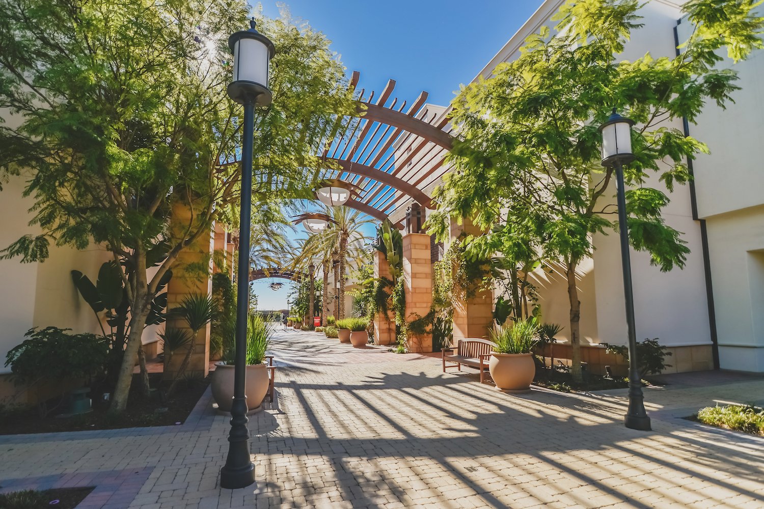 Retail center landscape lighting and plants