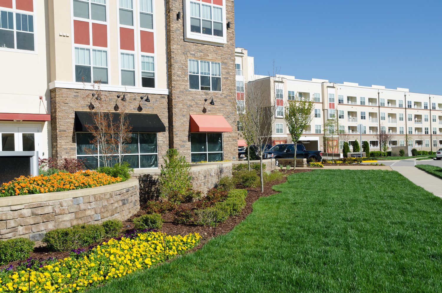 Retail stores well-groomed lawn 